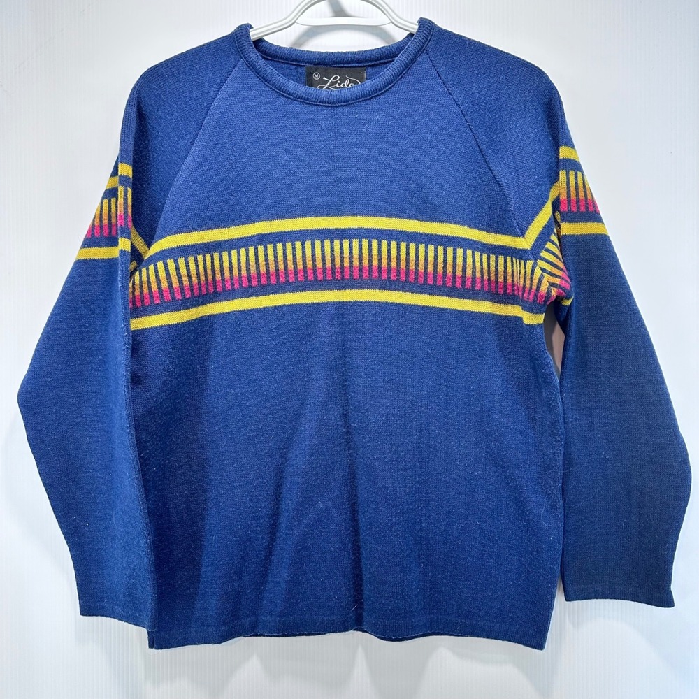 Vintage Lido of California Sweater Mens Medium Blue Striped Wool Acrylic Blend‎
